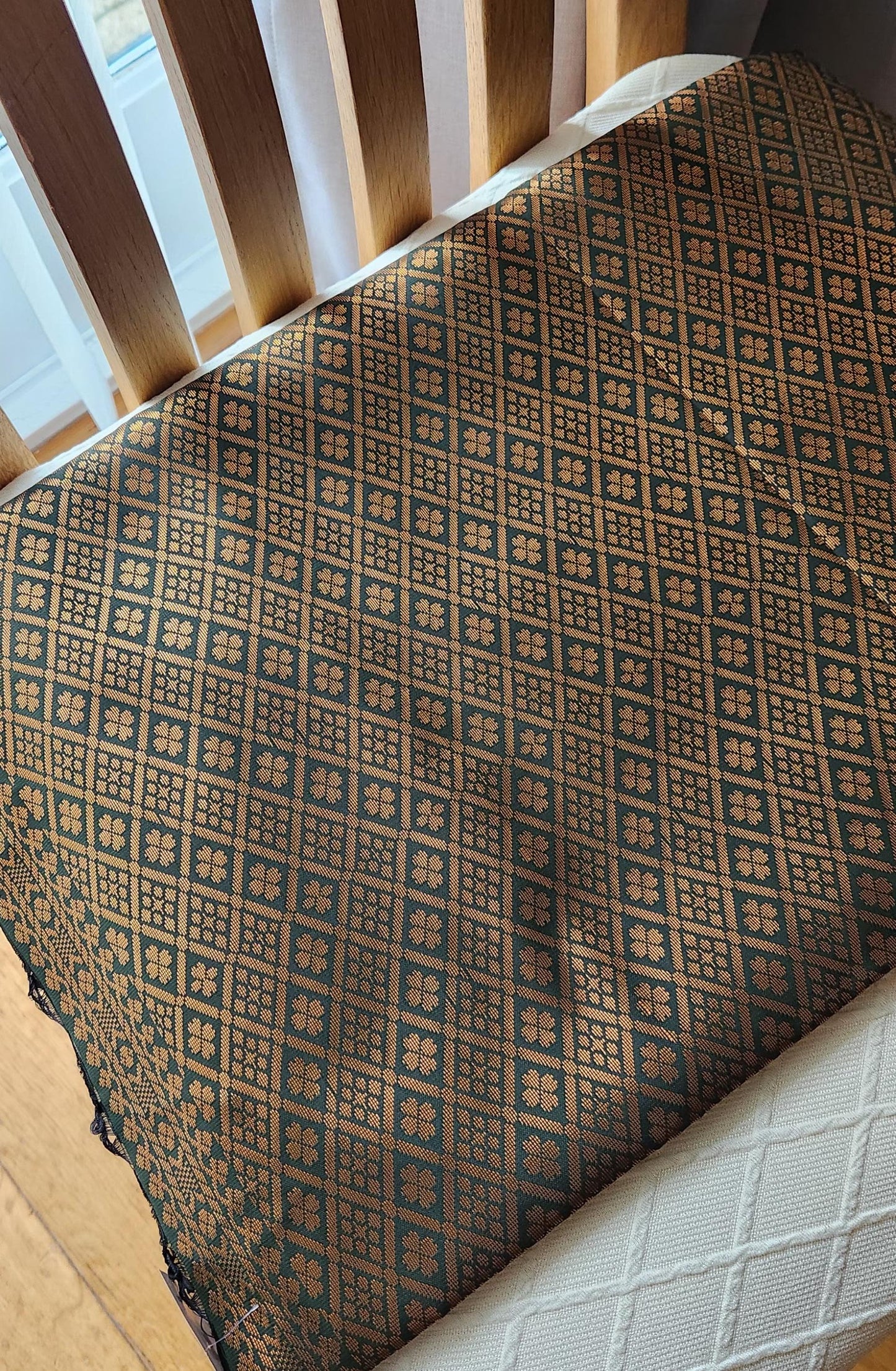 Green soft silk saree showcasing detailed geometric gold pallu