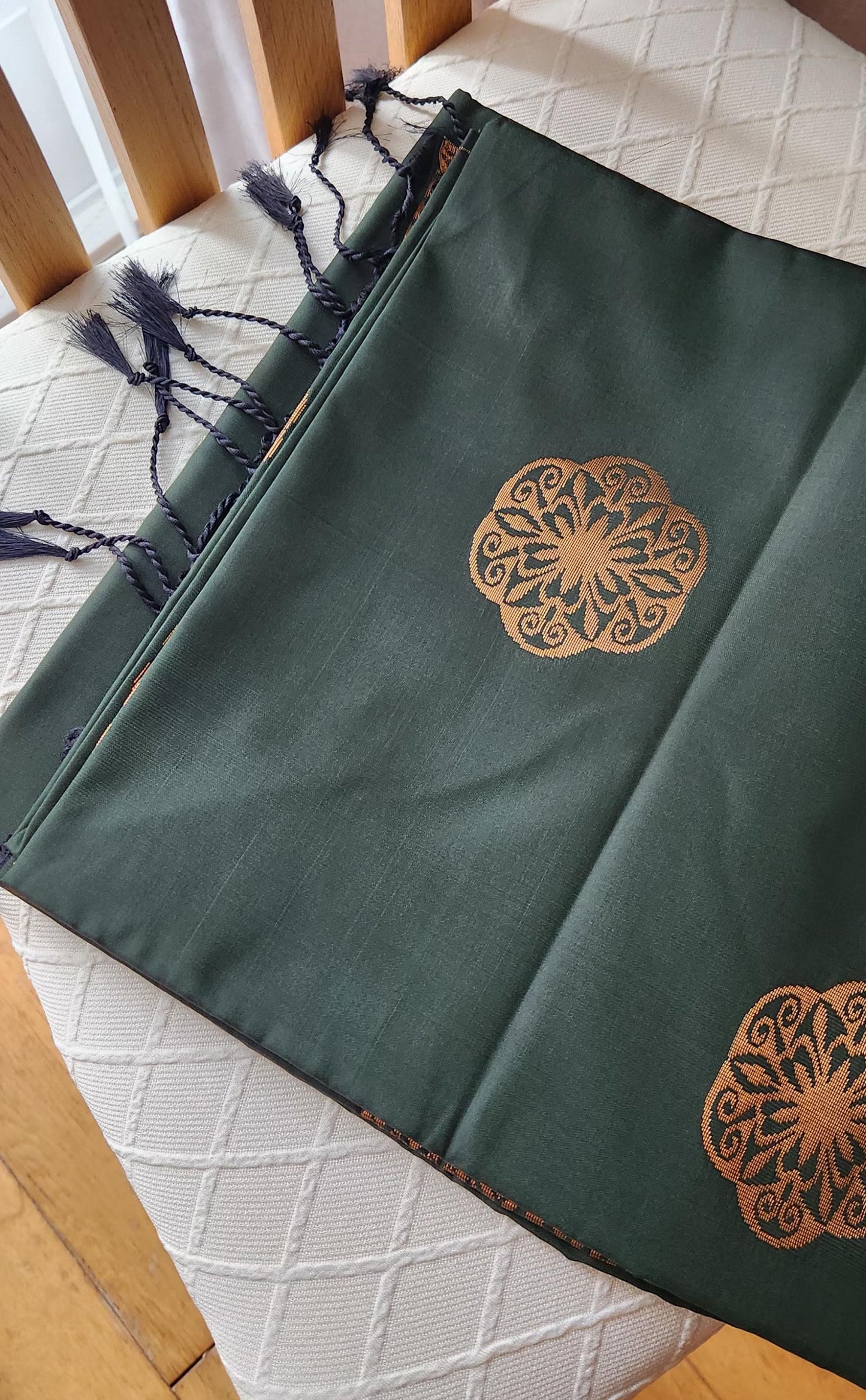 Emerald green soft silk saree with antique gold woven floral motifs