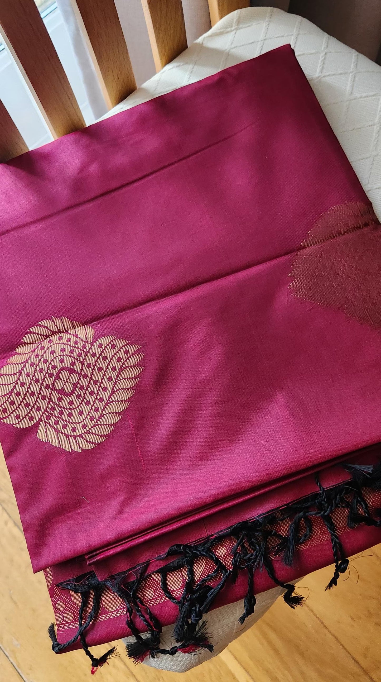 Wine garnet soft silk saree with antique gold zari pallu and woven motifs