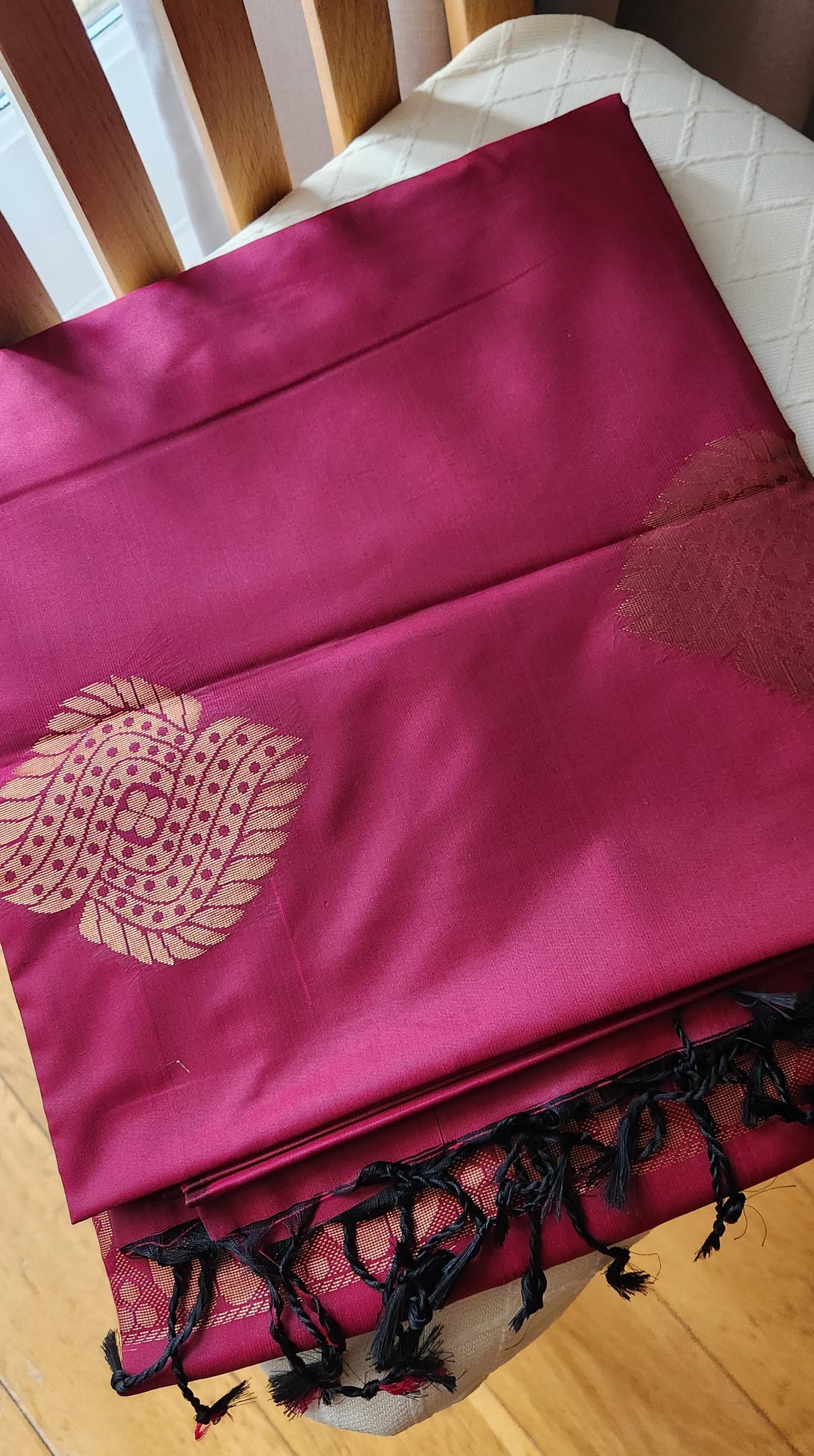 Wine garnet soft silk saree with antique gold zari pallu and woven motifs