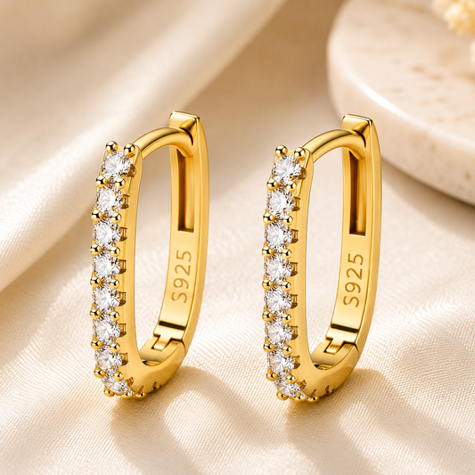 Rectangular Pavé Hoop Earrings – 925 Sterling Silver, 18K Gold Plated