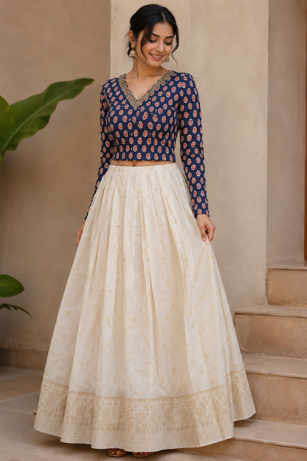 Navy Blue Ajrak Print Cotton Top with Sequin Work & Off-White Tissue Skirt Set