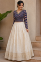 Navy Blue Ajrak Print Cotton Top with Sequin Work & Off-White Tissue Skirt Set