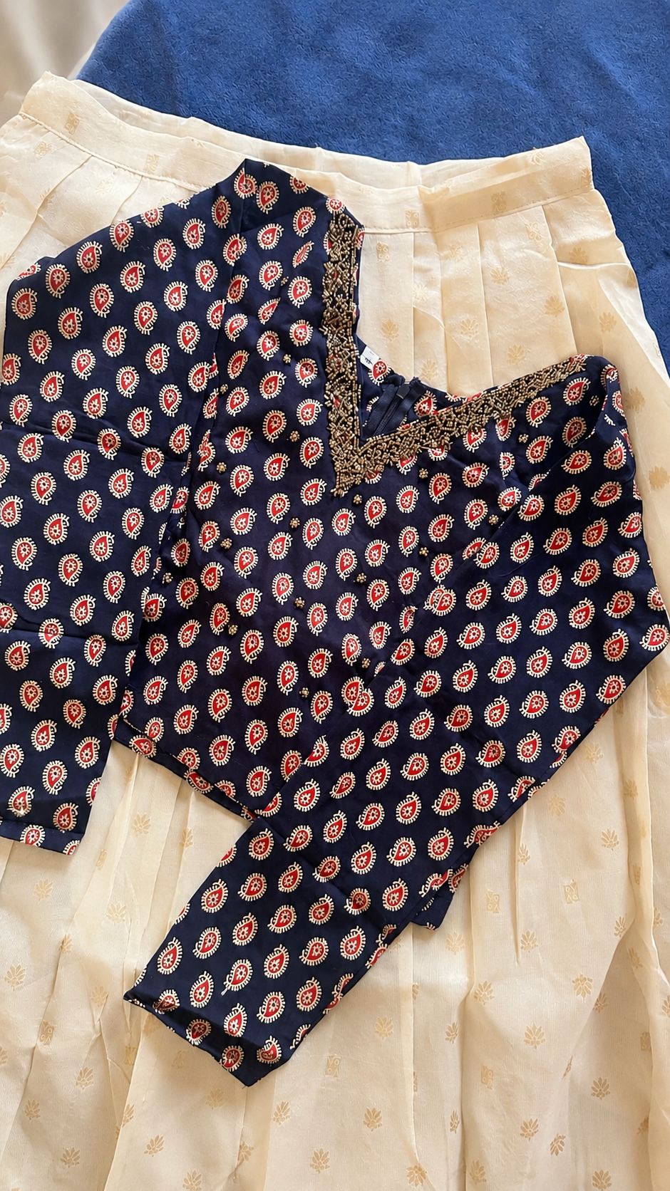 Navy Blue Ajrak Print Cotton Top with Sequin Work & Off-White Tissue Skirt Set