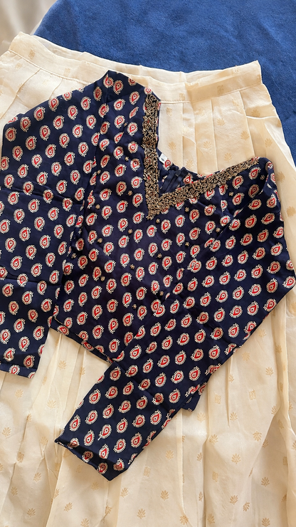 Navy Blue Ajrak Print Cotton Top with Sequin Work & Off-White Tissue Skirt Set