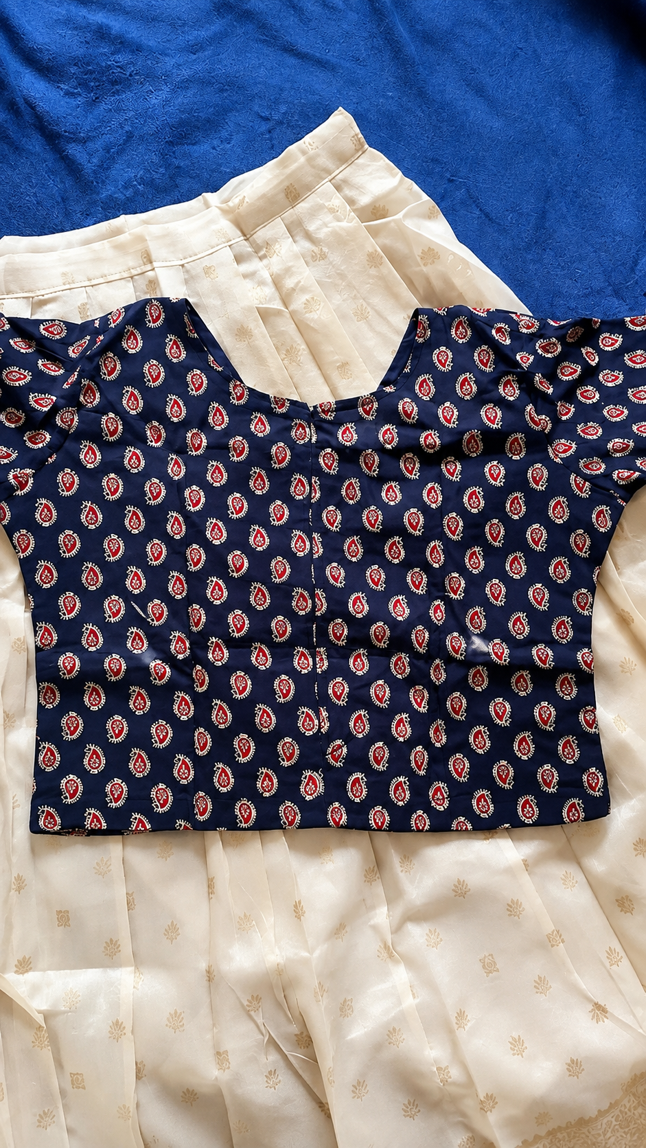 Navy Blue Ajrak Print Cotton Top with Sequin Work & Off-White Tissue Skirt Set