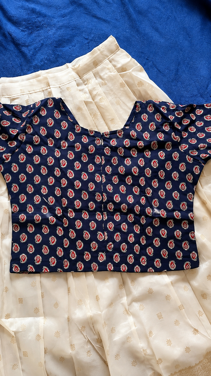 Navy Blue Ajrak Print Cotton Top with Sequin Work & Off-White Tissue Skirt Set