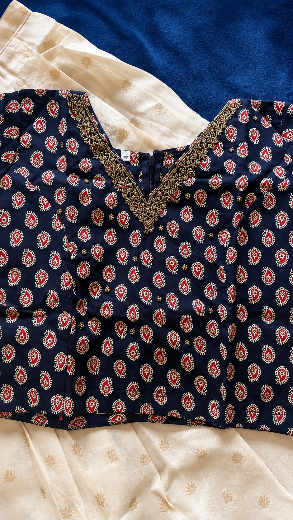 Navy Blue Ajrak Print Cotton Top with Sequin Work & Off-White Tissue Skirt Set