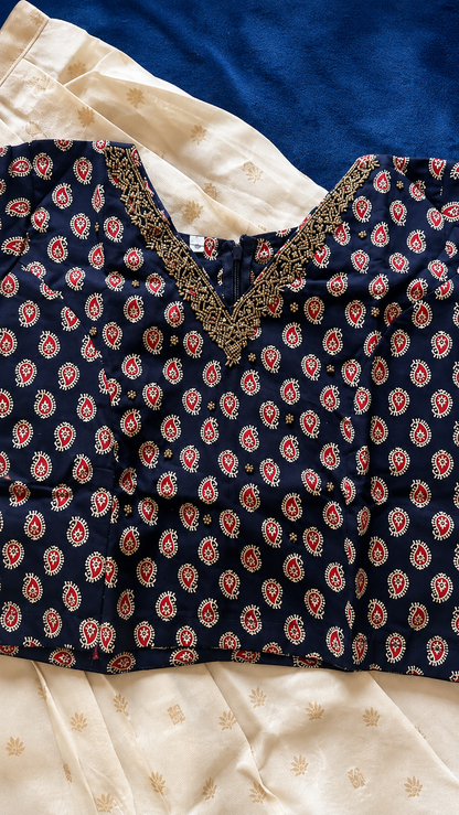 Navy Blue Ajrak Print Cotton Top with Sequin Work & Off-White Tissue Skirt Set