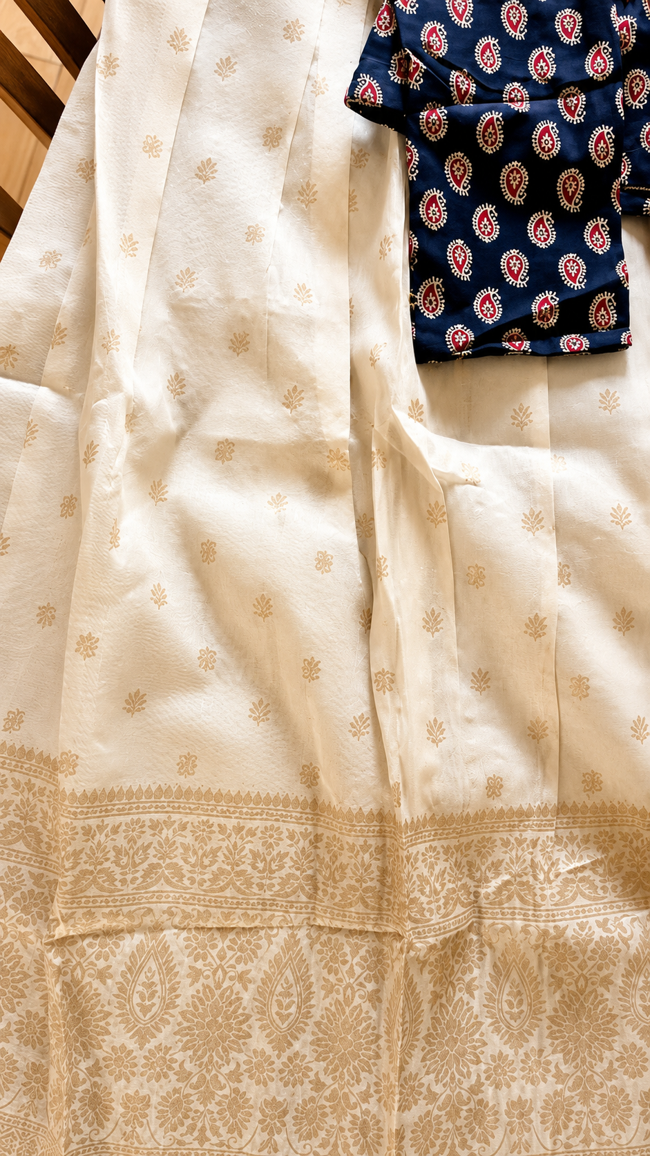 Navy Blue Ajrak Print Cotton Top with Sequin Work & Off-White Tissue Skirt Set