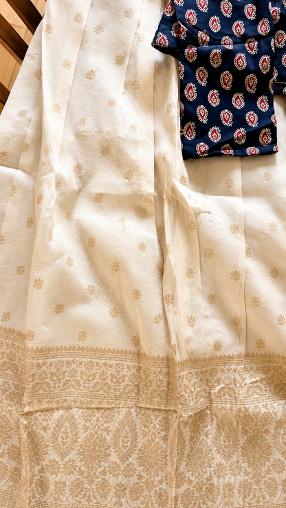 Navy Blue Ajrak Print Cotton Top with Sequin Work & Off-White Tissue Skirt Set