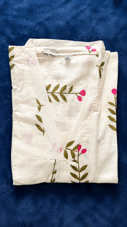 Off-White Pink Blossom Print Umbrella Cut Co-ord Set – Cotton Top with Pants