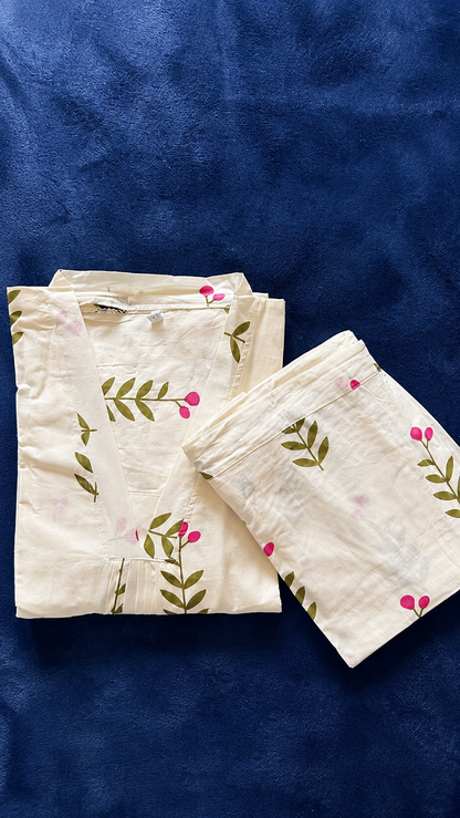Off-White Pink Blossom Print Umbrella Cut Co-ord Set – Cotton Top with Pants