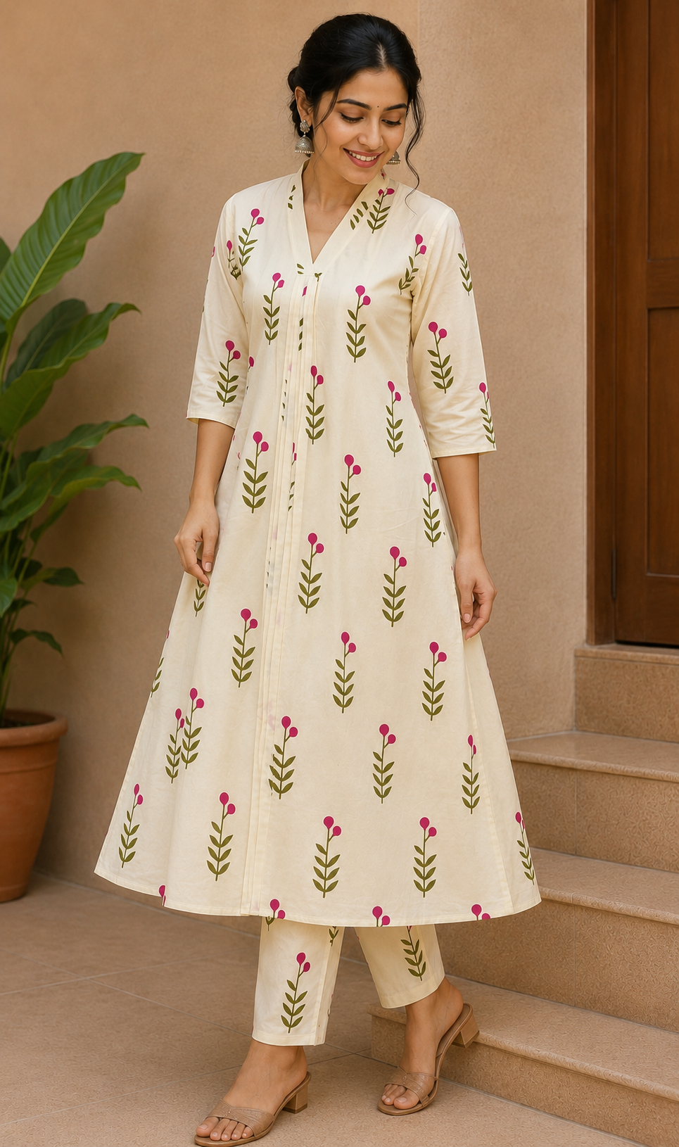 Off-White Pink Blossom Print Umbrella Cut Co-ord Set – Cotton Top with Pants