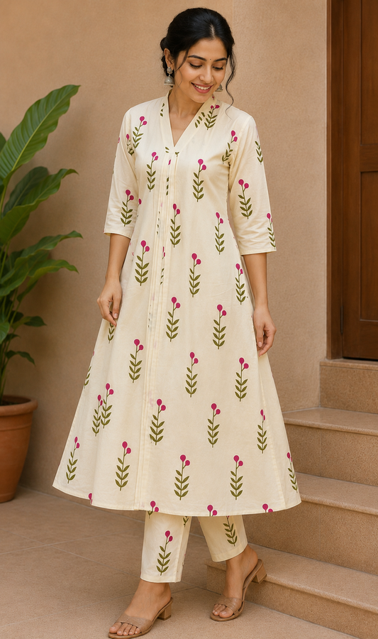 Off-White Pink Blossom Print Umbrella Cut Co-ord Set – Cotton Top with Pants