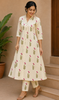 Off-White Pink Blossom Print Umbrella Cut Co-ord Set – Cotton Top with Pants