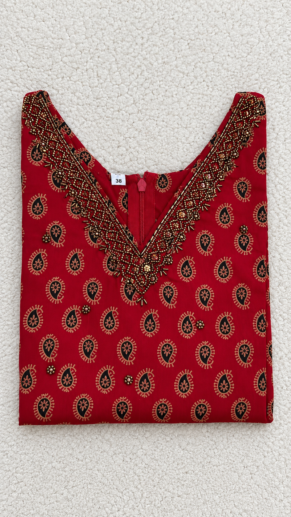 Red Ajrak Print Cotton Top with Sequin Work & Off-White Tissue Skirt Set