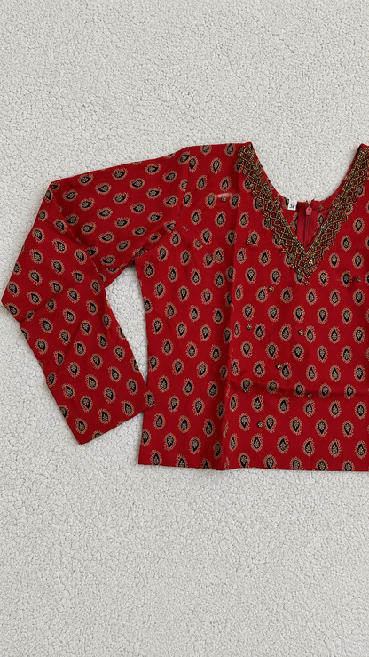Red Ajrak Print Cotton Top with Sequin Work & Off-White Tissue Skirt Set