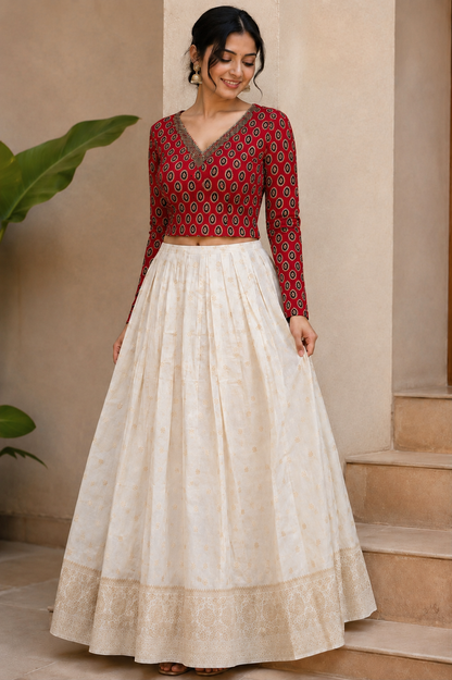 Red Ajrak Print Cotton Top with Sequin Work & Off-White Tissue Skirt Set