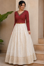 Red Ajrak Print Cotton Top with Sequin Work & Off-White Tissue Skirt Set