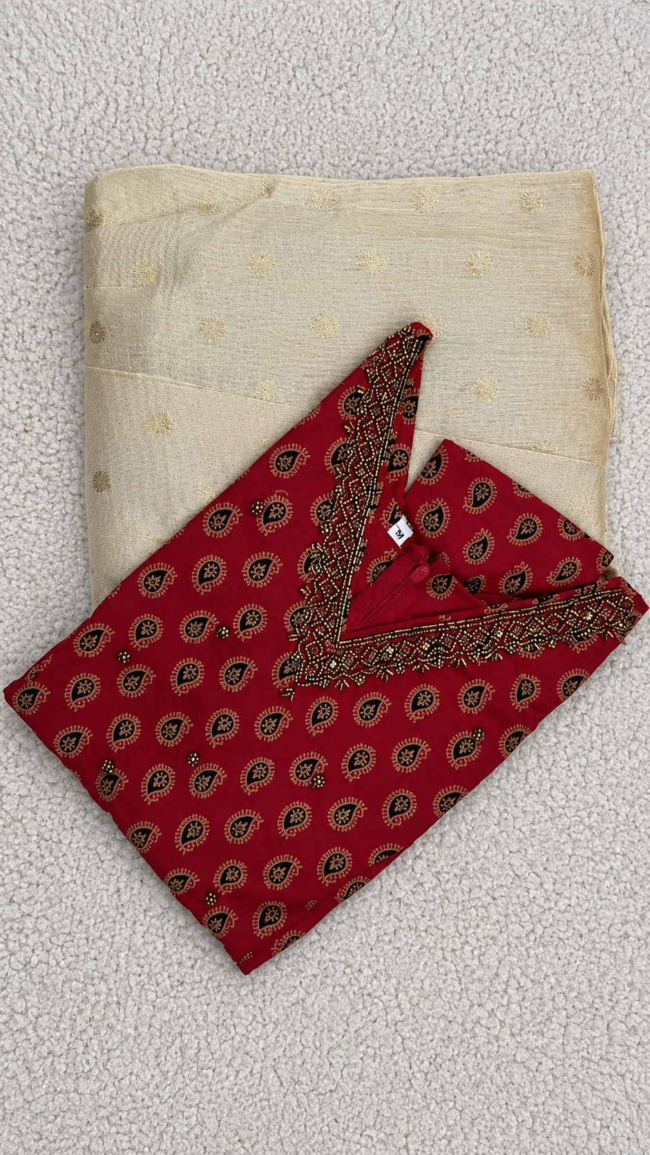 Red Ajrak Print Cotton Top with Sequin Work & Off-White Tissue Skirt Set