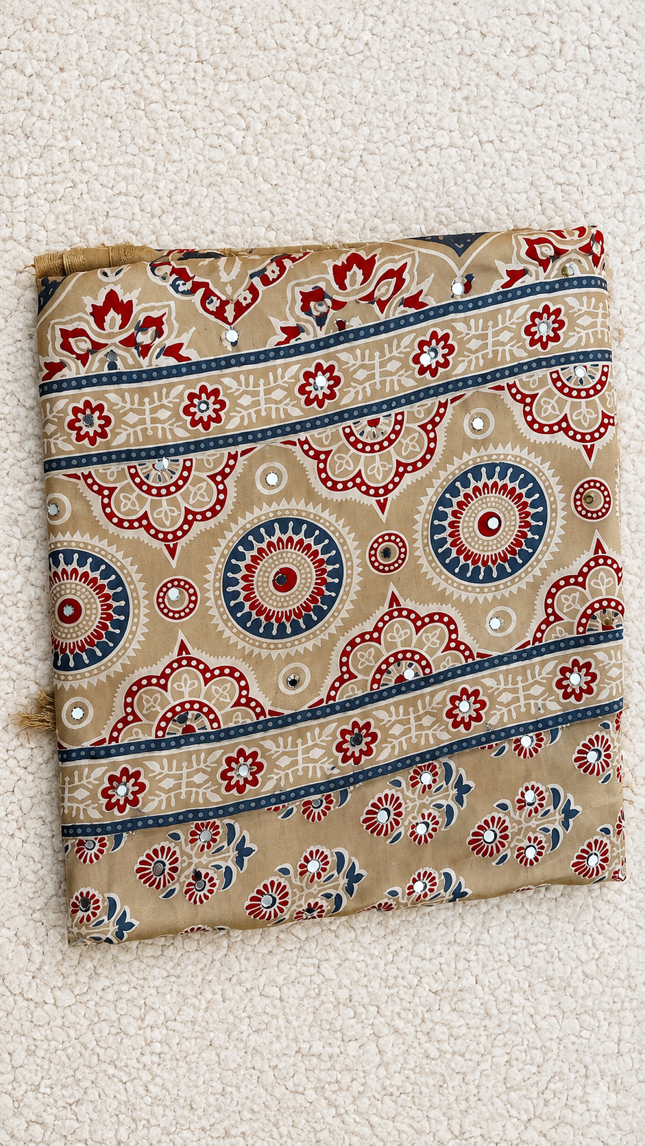 Beige Modal Silk Saree with Ajrak Print & Mirror Work