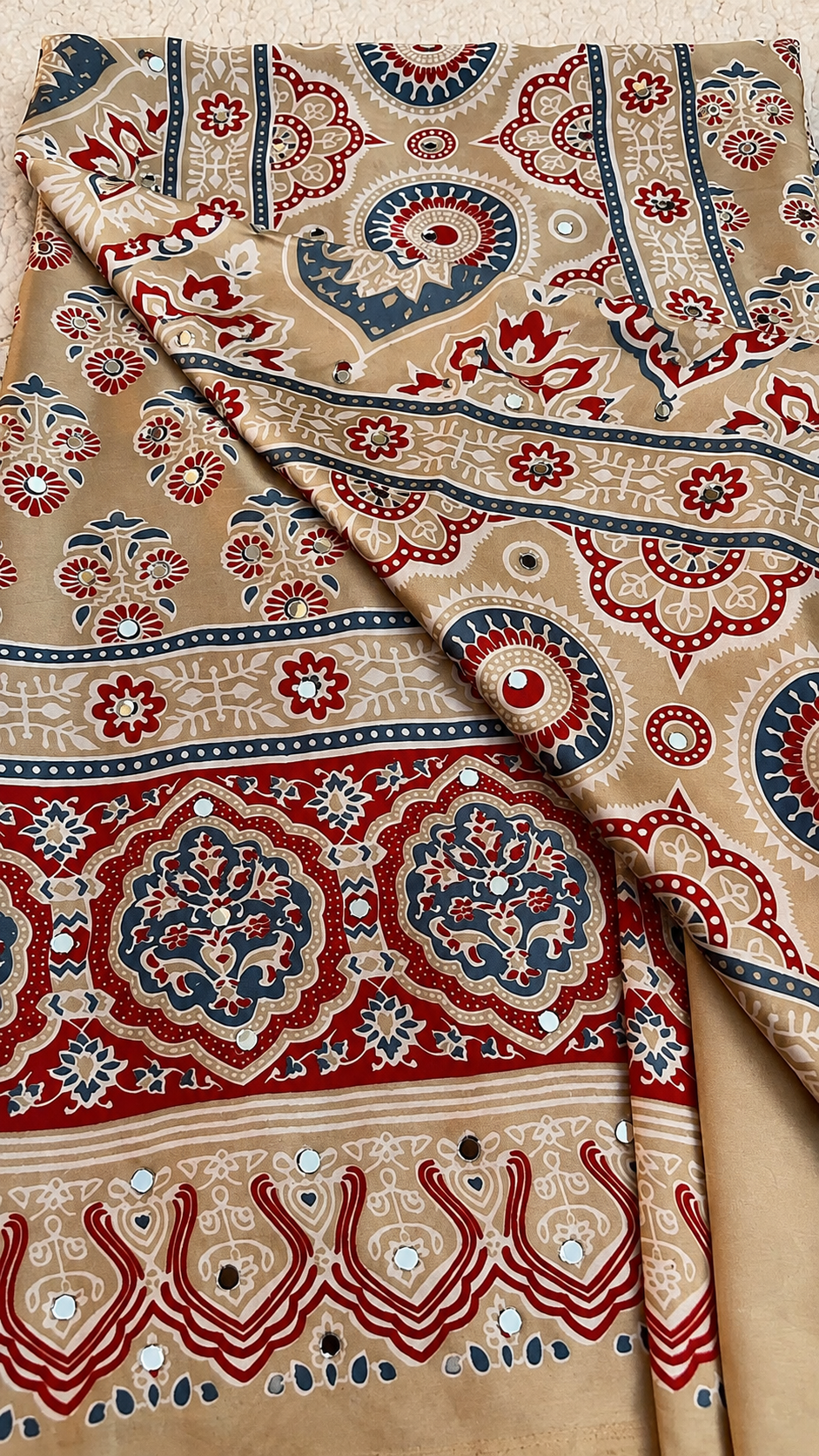 Beige Modal Silk Saree with Ajrak Print & Mirror Work