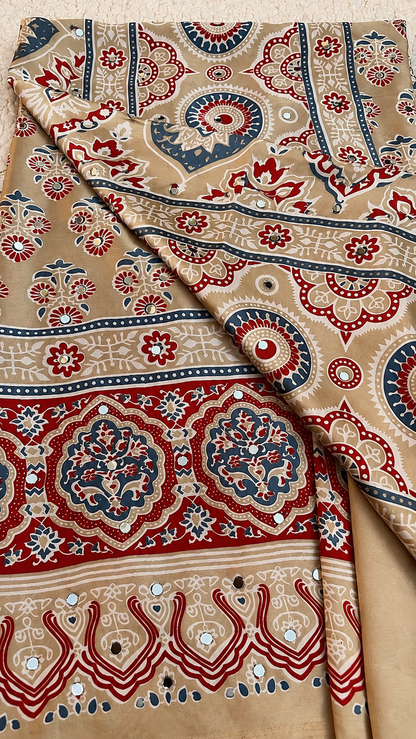 Beige Modal Silk Saree with Ajrak Print & Mirror Work