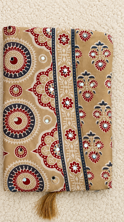 Beige Modal Silk Saree with Ajrak Print & Mirror Work