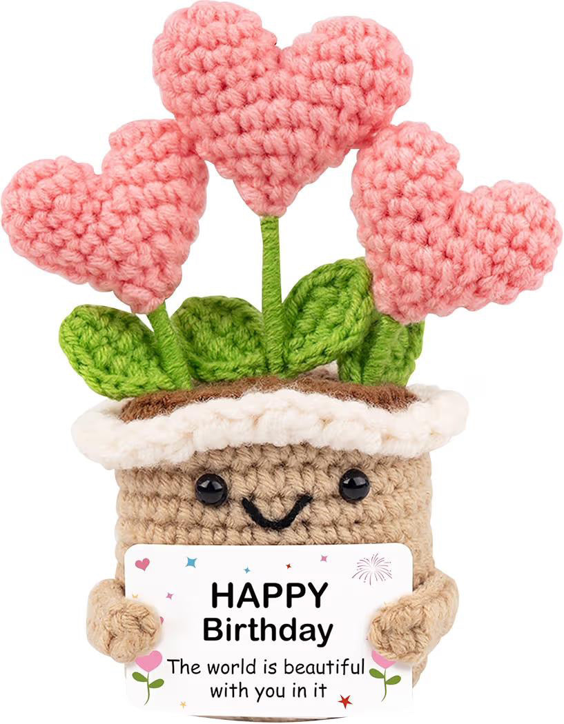 Crochet Heart Flower Pot Birthday Gift with Card