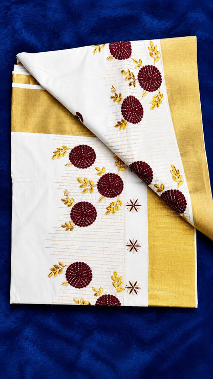 Kerala Kasavu Cotton Set Saree - Maroon Motiff