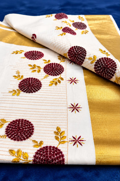 Kerala Kasavu Cotton Set Saree - Maroon Motiff