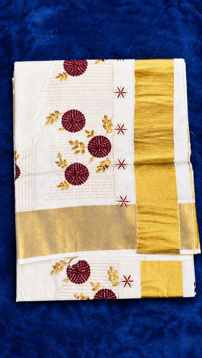 Kerala Kasavu Cotton Set Saree - Maroon Motiff