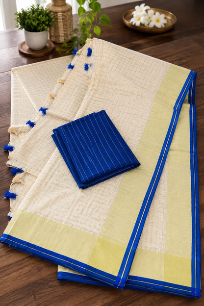 Royal Blue & Cream Mulcotton Saree with Golden Checks