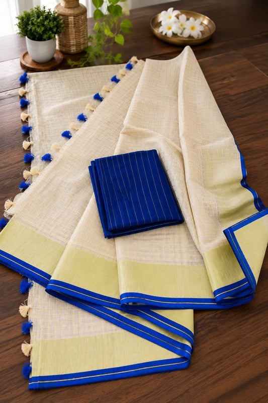 Royal Blue & Cream Mulcotton Saree with Golden Checks