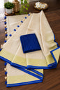 Royal Blue & Cream Mulcotton Saree with Golden Checks