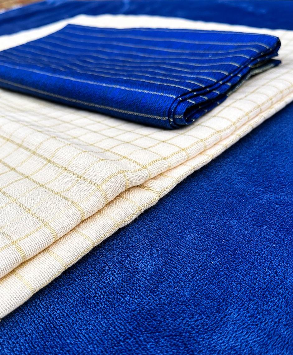 Royal Blue & Cream Mulcotton Saree with Golden Checks