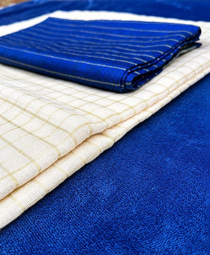 Royal Blue & Cream Mulcotton Saree with Golden Checks