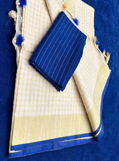 Royal Blue & Cream Mulcotton Saree with Golden Checks