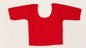 Red fabric piece with a circular cutout on a white background