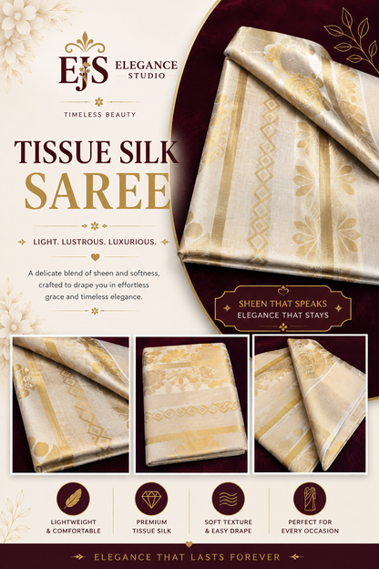 Off white and Gold Tissue Silk Saree