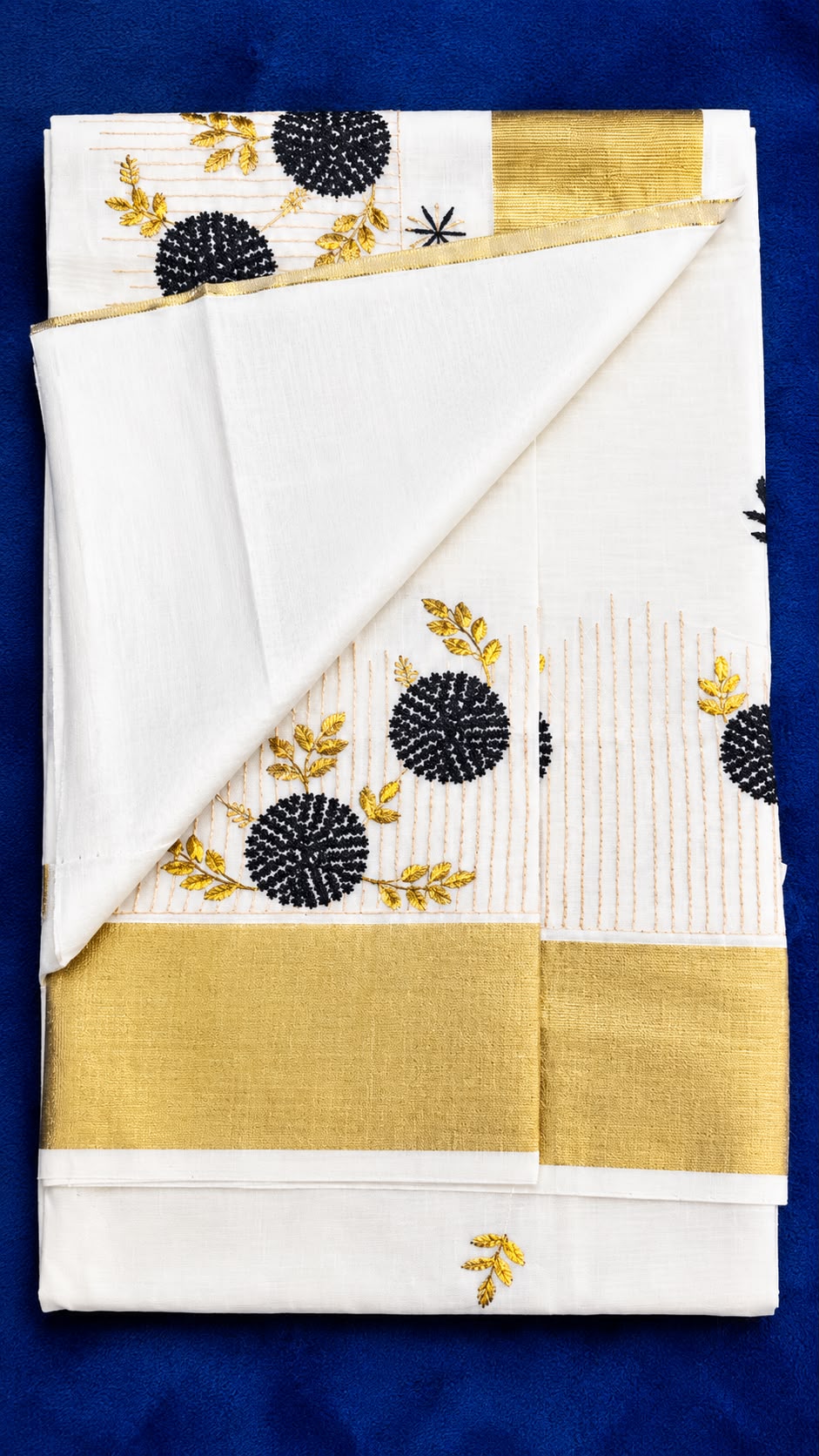 Kerala Kasavu Cotton Set Saree - Black Motiff