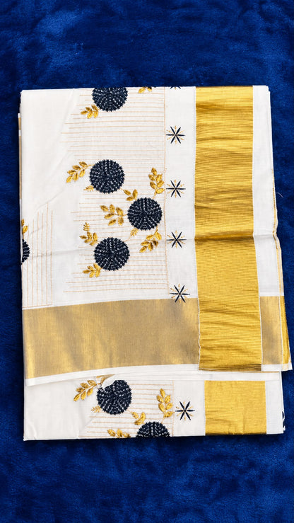 Kerala Kasavu Cotton Set Saree - Black Motiff
