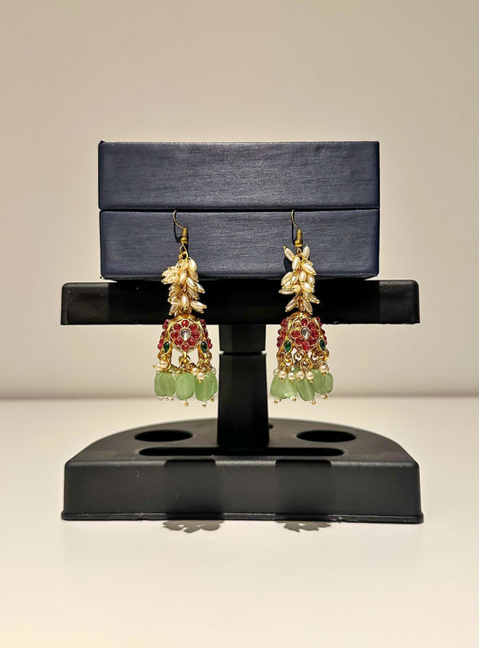 Chandelier Earrings with Pearls & Green Stones