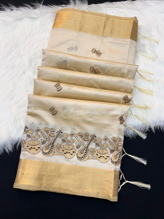 Cream Tusser Silk Saree with Traditional Musical Instruments Motifs