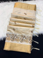 Cream Tusser Silk Saree with Traditional Musical Instruments Motifs