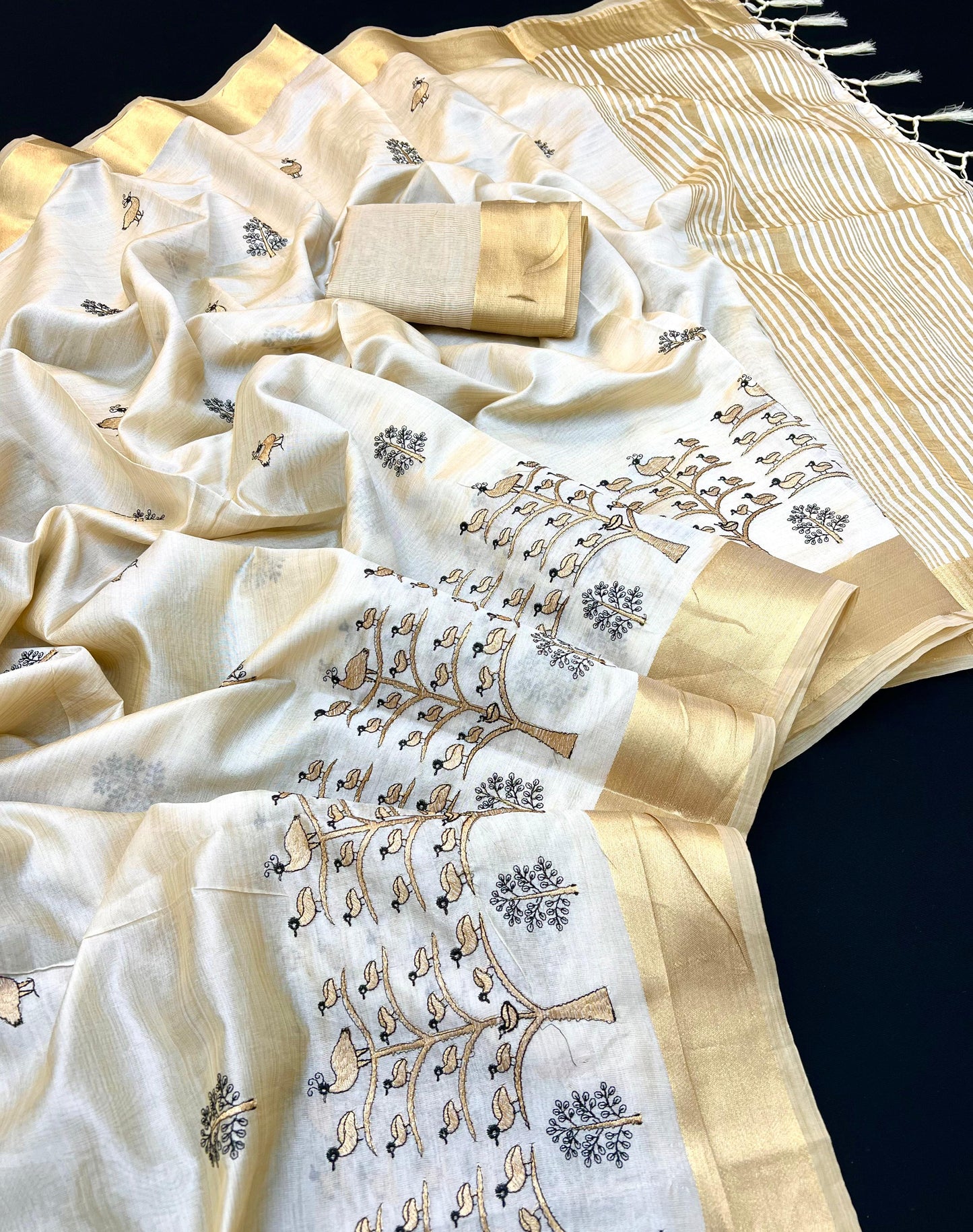 Cream Tusser Silk Saree with Tree of Life and Birds Embroidery
