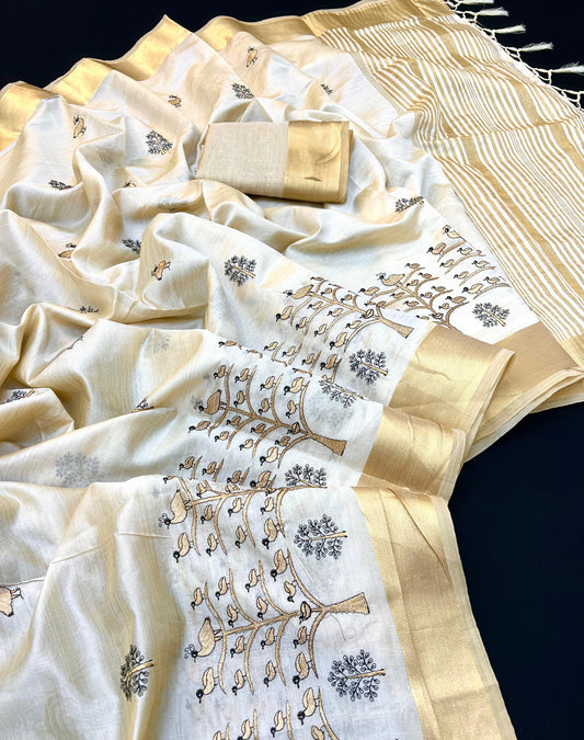 Cream Tusser Silk Saree with Tree of Life and Birds Embroidery