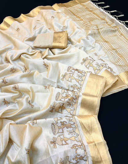 Cream Tusser Silk Saree with Traditional Art