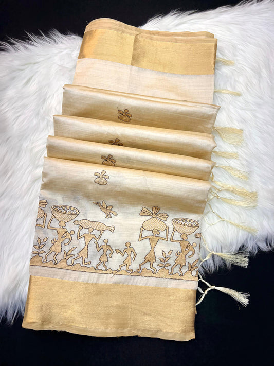 Cream Tusser Silk Saree with Traditional Art